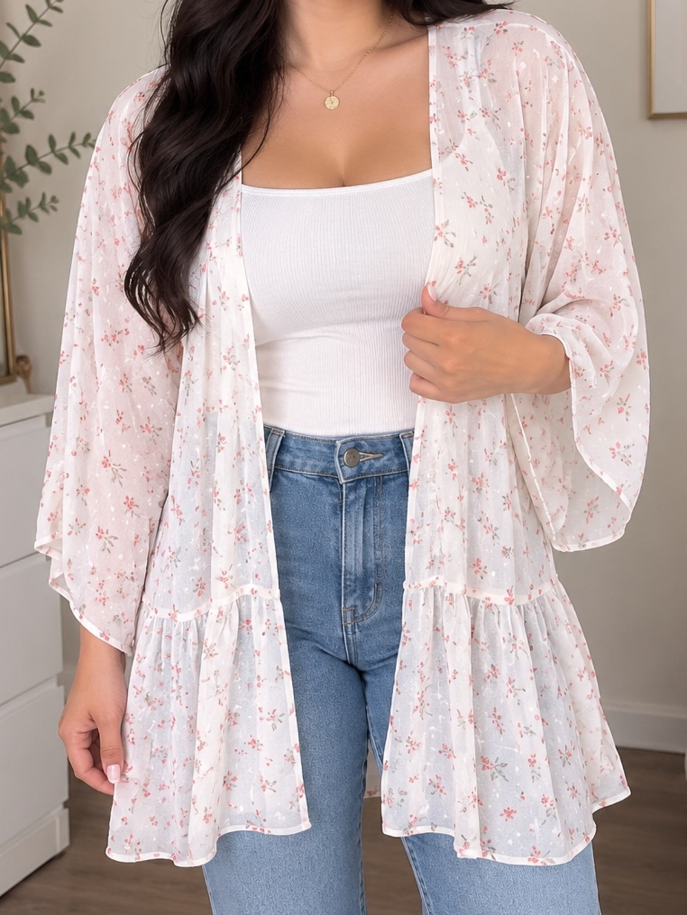 Floral Sheer Kimono Cardigan - White with Pink Flowers Size M/L